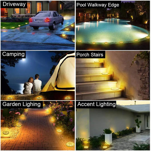 Solar Powered Outdoor LED Disk Lights 8 Pack IP68 Waterproof Non Slip Wear Resistant Pathway Lights illuminating various outdoor spaces