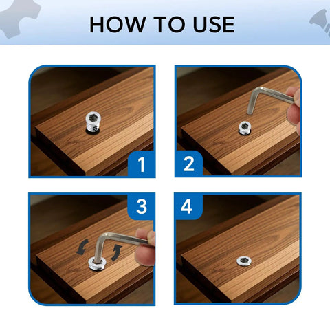 Top Shelf 28 Piece Zinc Plated Steel Threaded Inserts Kit Featuring 5/16 18 Allen Hex Socket Drive Furniture Nuts installation steps.