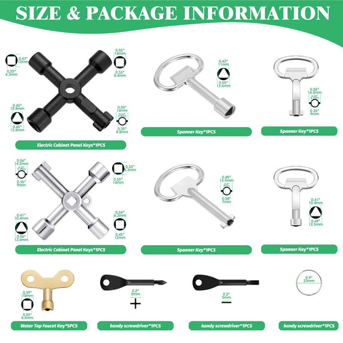 All In One 13 Piece Multi Tool Utility Key Kit size and package info with spanner keys, faucet keys, and screwdrivers displayed.