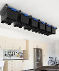 Heavy Duty Ceiling Storage Rack For Garage, Adjustable Overhead Bin System, 7 Sets For 6 Bins, 16 Inch Span, Rust Resistant Coating, High Strength Steel Holds Up To 176 Lbs installed in a garage