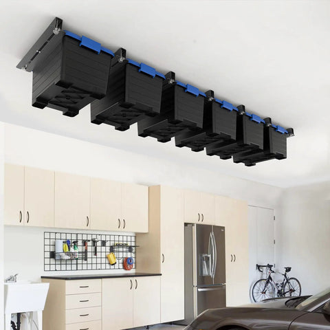 Heavy Duty Ceiling Storage Rack For Garage, Adjustable Overhead Bin System, 7 Sets For 6 Bins, 16 Inch Span, Rust Resistant Coating, High Strength Steel Holds Up To 176 Lbs installed in a garage
