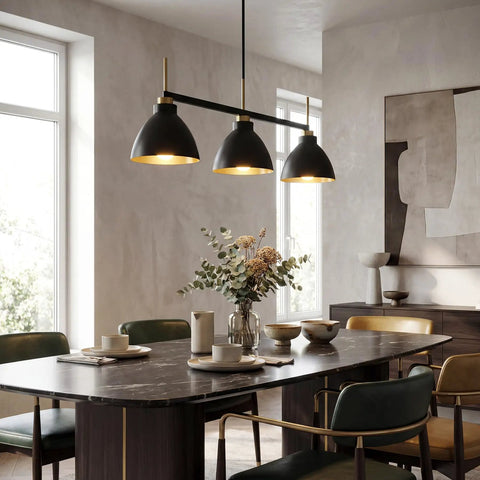 Black And Gold 3 Light Linear Kitchen Island Pendant With Adjustable Rods over dining table in modern dining room