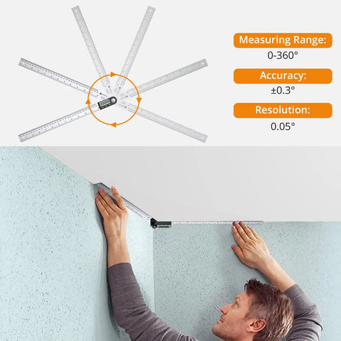 Heavy Duty Stainless Steel Digital Angle Finder And Precision Protractor Ruler Delivering Spot On Accuracy Plus Snappy Lcd Readout And Hassle Free Data Memory For Tradespeople Or Weekend Builders in use measuring an angle.
