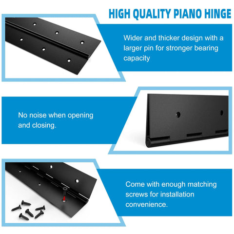 Heavy Duty Piano Hinges 2 Pack 8 Inch By 3 Inch Open Width Solid Stainless Steel Continuous Hardware For Cabinets Folding Furniture Heavy Doors And Tool Boxes Tough As Nails And Built To Last, showing hinge design details and screws.
