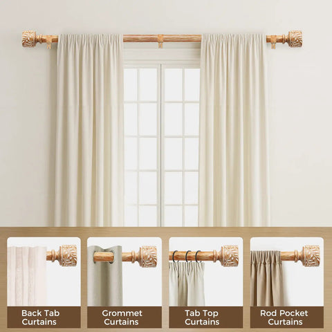 Rustic Wood Curtain Rod Set For Windows 48 To 84 Inches 1 Inch Diameter Dope Adjustable Heavy Duty Drapery Rod With Imitation Wood Grain Leaf Finials Farmhouse Style Decorative Curtain Rods Extends From 32 To 90 Inches shown with various curtain styles