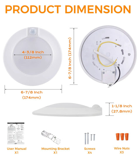 Diagram showing dimensions and components of the Motion Sensor LED Ceiling Light 120V 10W 5000K Daylight with white finish.