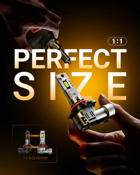 Massive Glow 9005 Hb3 Led Headlight Bulbs Pack Of 2 Dropping 50k Lumens Crisp White Light showcasing 1:1 size design and fit.