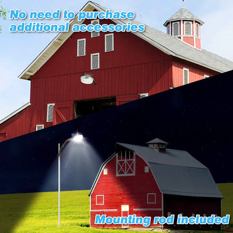 Two Pack 120W LED Barn Lights With 18000 Lumens Each, Beefy 36000 Lumens Total illuminating red barns, day and night view.