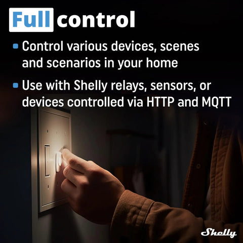 Person using wall switch with I4 Gen3 WiFi Smart 4 Digital Inputs Controller For Relays, Automate Lights Blinds Scenes.