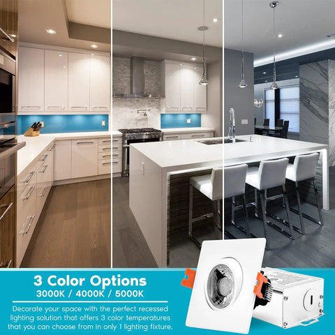 Square Recessed LED Light Kit 3 Inch Adjustable Gimbal Downlights 4 Pack 3000K 4000K 5000K Color Options Dimmable Canless IC Rated Damp Rated With Junction Box 8W Equivalent 50W Dope Home Upgrade installation in kitchen showing color temperature options