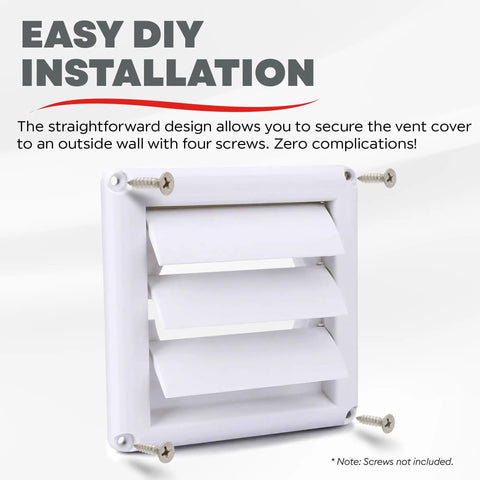 Supurr Vent 4 Inch Outdoor Dryer Vent Cover White Louvered Wall Hood With Gravity Damper displayed with screws for installation
