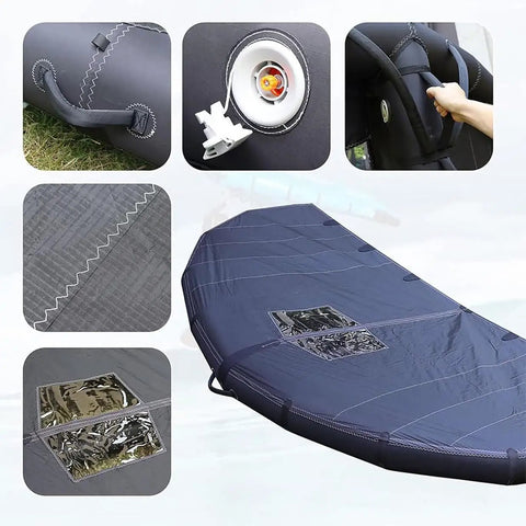 Dope Inflatable Wing Foil Kite for Wing Foiling and Kitesurfing showing handles, inflation valve, and window design features