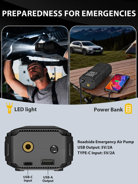 Cordless Tire Inflator Portable Air Compressor With Autostop 150 PSI 12V DC as power bank and emergency LED light