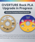 Overture Rock PLA packaging upgrade display, showing old and new designs with stone texture and colorful branding.