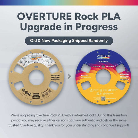 Overture Rock PLA packaging upgrade display, showing old and new designs with stone texture and colorful branding.