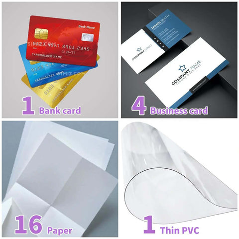 Variety pack showing bank card, business card, paper, and thin PVC sheet, for use with Heavy Duty 3 Pack 1/4 Inch Hole Puncher.