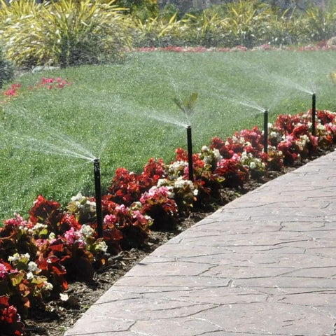 MP Rotator MP2000 360 Degree Sprinkler Nozzle watering garden bed with flowers and grass, showcasing even spray coverage