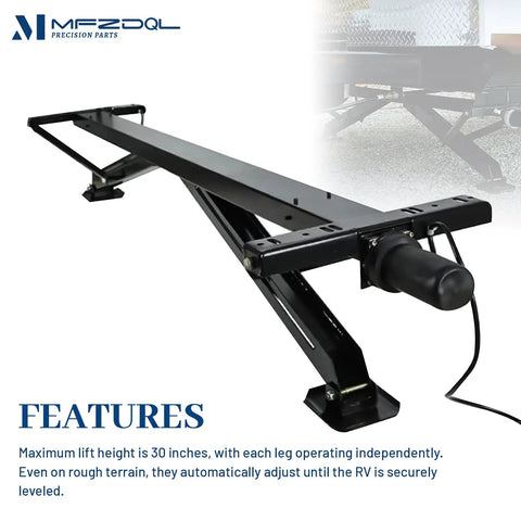 Rear Trailer Power Stabilizer Jack Stand Kit with Electric Switch, no crank, independent legs, 30-inch lift shown in operation
