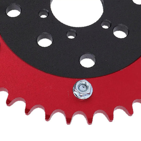 Heavy Duty Split Sprocket Hub Adapter Fits Baja Massimo Mini Bike Go Kart, close-up of 42 Tooth gear, red and black alloy construction.