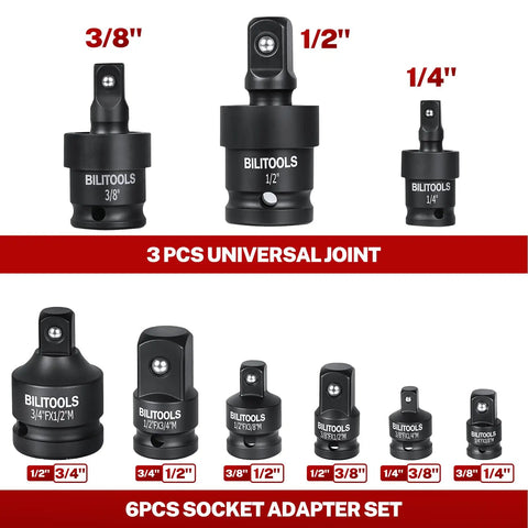 17 Piece Socket Adapter Set With Reducers And Universal Joint, Impact Drill Adapters for different drive sizes
