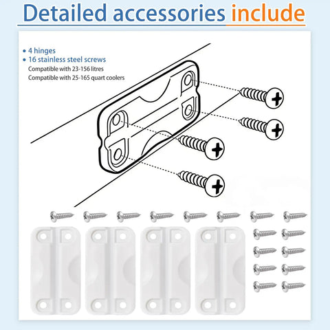 Cooler Hinge Replacement Kit With Screws For 50 To 165 Qt Coolers 4 Pack Beefy Durable Plastic Hinges Easy Install Restores Smooth Opening And Closing Replacement Parts For Portable Ice Chests, four white hinges and 16 screws