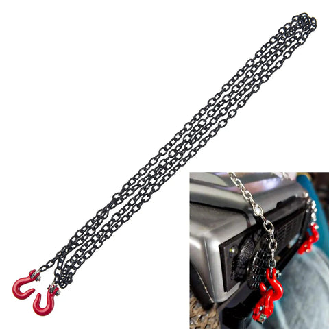 Mini Metal Trailer Chain With Tow Hook RC Car Decoration For 1x10 Scale Crawlers And Trucks Like Axial SCX10 D90 TRX4 CC01 RC4WD HSP 94180 Black Red Metal Accessory For Realistic Rugged Look shown laid out with red hooks.