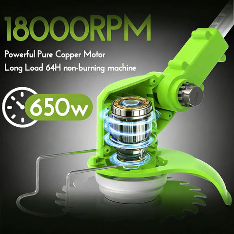 Close-up of Powerful Cordless Electric Weed Wacker with 18000 RPM copper motor and metal blades for lawn yard garden care.