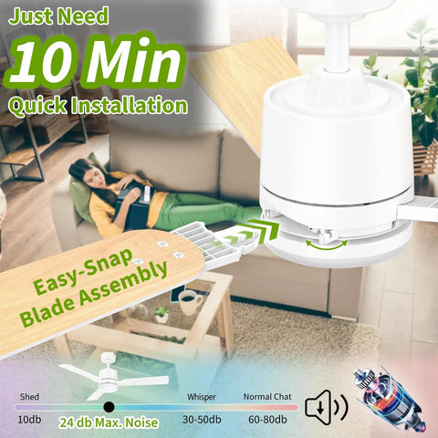 42 Inch Ceiling Fan With Light And Remote Control showing easy-snap blade assembly and noiseless operation graphic