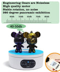 360 Degree Motorized Rotating Display Stand White Electric Spinner Turntable For Tumblers Jewelry Photography Products Adjustable Speed Turner Base Showpiece Prop showcasing two decorative figurines on a blue surface.