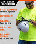 Person holding All Around Type 2 Class E Full Brim Non Vented Safety Hard Hat With 20kV Rating For Top Front Back And Side Impact Comfortable Adjustable Fit OSHA And ANSI Certified Grey