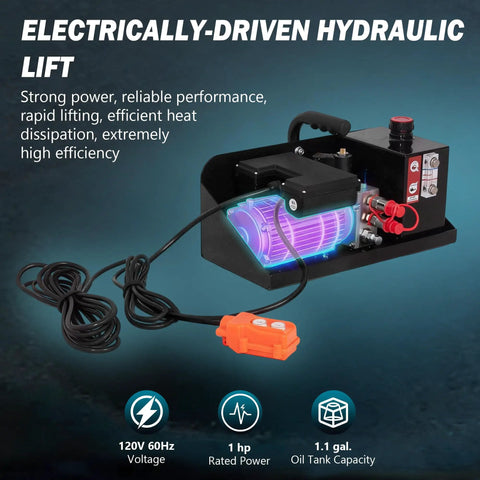 Electrically-driven hydraulic lift with 1 hp motor, 120V, 1.1 gal oil tank capacity for lifting cars.