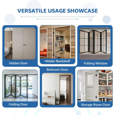 Versatile usage showcase for Heavy Hitter Hidden Door Hinges 2 Pack, 6 Inch Concealed Pivot Hardware For Secret Bookcase Entry.
