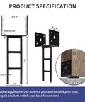 Diagram of Beefy 4 Pack U Shape Post Anchors For Concrete 6x6 Post Base Black Galvanized with specifications and wood post illustration.
