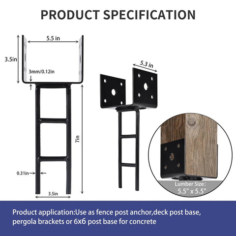 Diagram of Beefy 4 Pack U Shape Post Anchors For Concrete 6x6 Post Base Black Galvanized with specifications and wood post illustration.