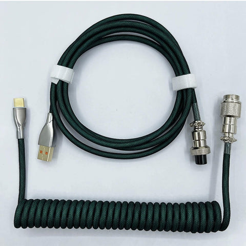 Pro Grade USB A To USB C Spiral Keyboard Cable 1.8M Dark Green Wear Resistant Braided Sheath Aviation Style Plug coiled
