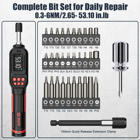 Digital Torque Screwdriver For Gunsmithing Quarter Inch Drive Pro Grade Precision With Inch Pounds From 2.65 To 53.10 And 0.3 To 6 Newton Meters Safety First Tool For Preventing Stripped Threads with bit set and extension clamp