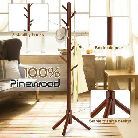 Wooden Coat Rack Freestanding With 8 Hooks And 3 Adjustable Heights Space Saving Clothes Organizer For Bedroom Office Or Entryway