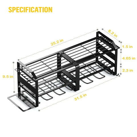 Heavy Duty Wall Mounted Tool Organizer Rack With Six Drill Holders And Four Hangers For Power Tools dimensions diagram