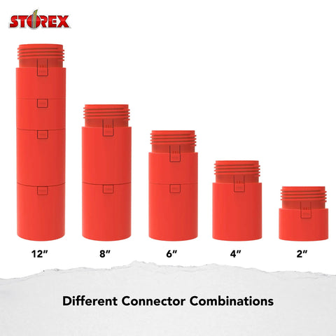 Red StoreX connectors in sizes 12, 8, 6, 4, and 2 inches, shown with different combination options.