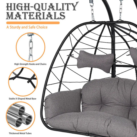Double Egg Chair With Stand And Adjustable Canopy For Two People Indoor Outdoor Wicker Hanging Swing Chairs With Removable Cushions 660 Lbs Capacity For Patio Balcony Black Frame Dark Grey Cushions Outdoor Living featuring strong metal frame and high-strength chains.