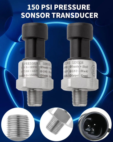 0 To 150 Psi Fuel Oil Pressure Transducer Sensor With One Eighth Inch NPT Thread And Harness Kit, Stainless Steel Body