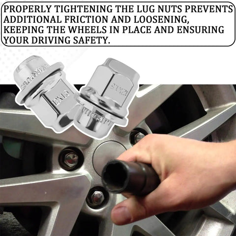 5Pcs M12x1.5 Chrome Lug Nuts With Washer installed on a wheel, hand tightening with tool, secure fitment for Toyota and Lexus.