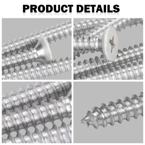 Close-up of a 100 Pack White Head Wood Screws Size 10 X 1-3/4 Inch Stainless Steel Phillips Flat Head 304 A2 Grade Durable Fasteners