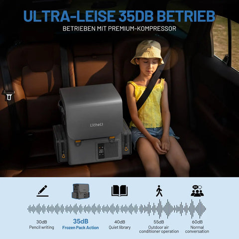 Top Tier Game Changer 12 Volt Portable Freezer And Compressor Cooler With Dual U20 Batteries For Rigs And Road Trips Delivers Sick Chilling Power Straight Up On The Go, shown in a car next to a child.