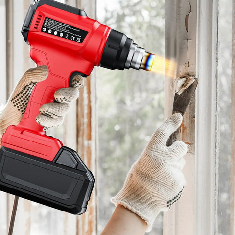 Cordless 18V Heat Gun With 350W Power And 1022 Fahrenheit High Temp Pro Grade Variable Temperature Control Hot Air Gun Kit With 4 Nozzles And Scraper For Shrink Tubing PVC Wrap No Battery Included in use on window frame.