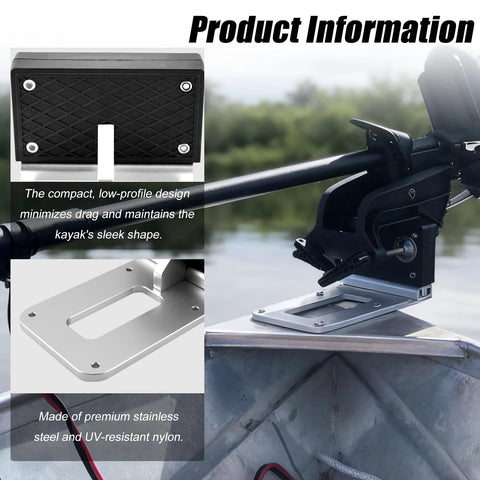 Close-up of Universal Kayak Trolling Motor Mount for Flat Stern Kayaks Or Boats Transom Bracket Fits Electric Trolling Motors Up to 3HP Heavy Duty Corrosion Resistant Stainless Steel Easy Clamp On Install.
