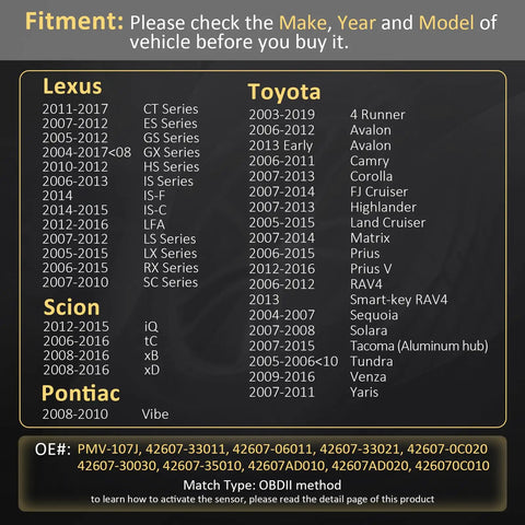 PMV107J TPMS Sensor Kit for Toyota and Lexus models, fitment chart showing OE part numbers and years
