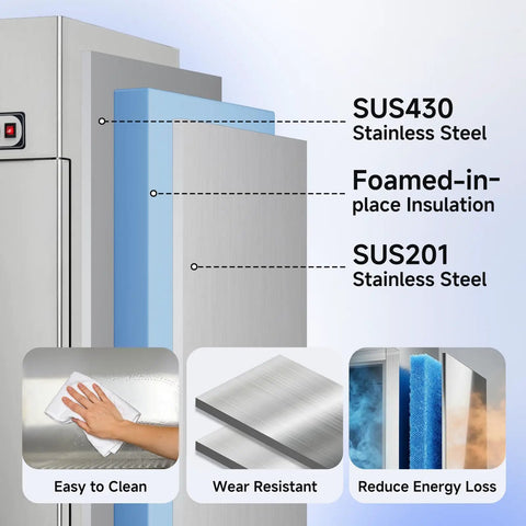 Plug And Play Commercial Refrigerator Freezer Combo 72 Inch Upright Fridge And Freezer With Smart WiFi App Control showcasing SUS430 and SUS201 stainless steel layers.