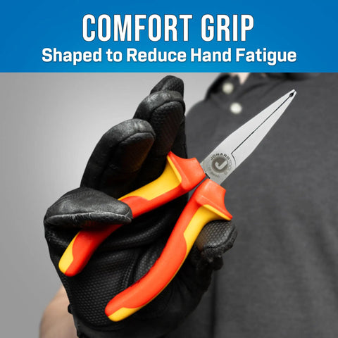 Jonard Tools Fp-600ins Insulated Fuse Puller With Cushion Grip 6 3/4 Inch Length in a gloved hand, showcasing its ergonomic design.