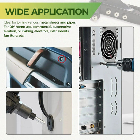 Heavy Duty Manual Riveter Kit With 6 Size Aluminum Blind Rivets Assortment 226 Pcs M2.4 M3.2 M4 M4.8 Hand Rivet Gun in use on metal surfaces.